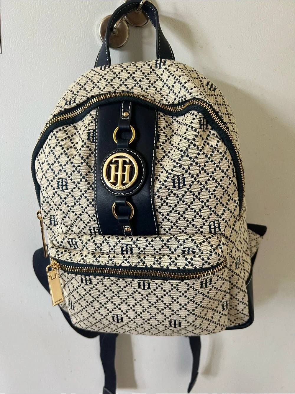 Tommy Hilfiger Jaden Cream & Navy Monogram  Backpack with Gold Hardware